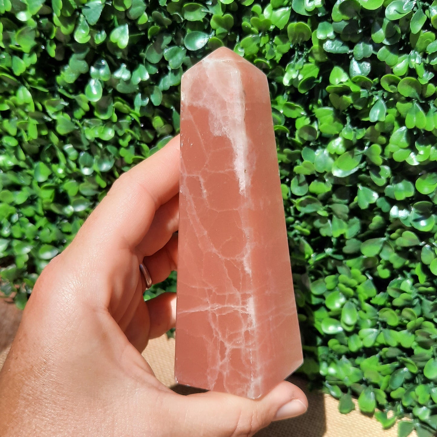 Strawberry Calcite Obelisk ~ Small - The Crystal Society Pty Ltd