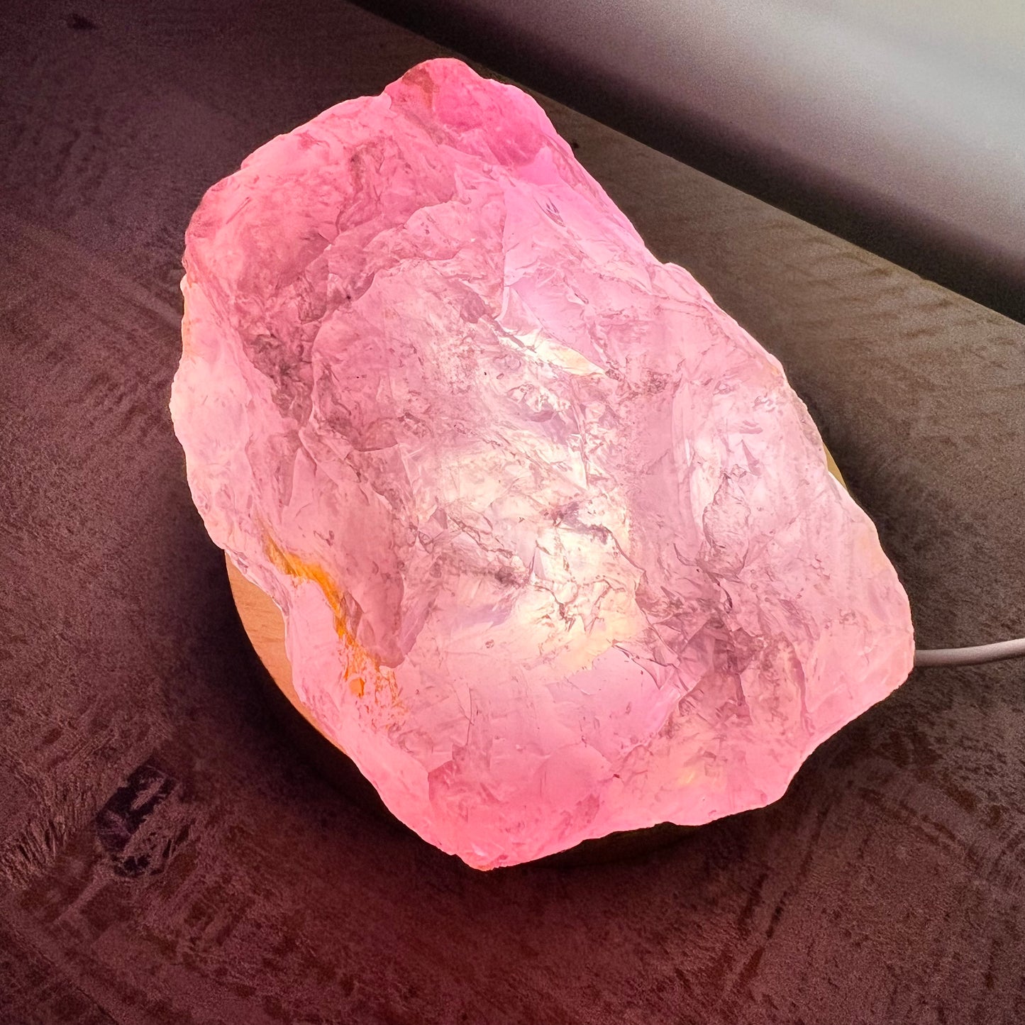Rose Quartz Rough with Bamboo USB LED LIGHT STAND 100mm